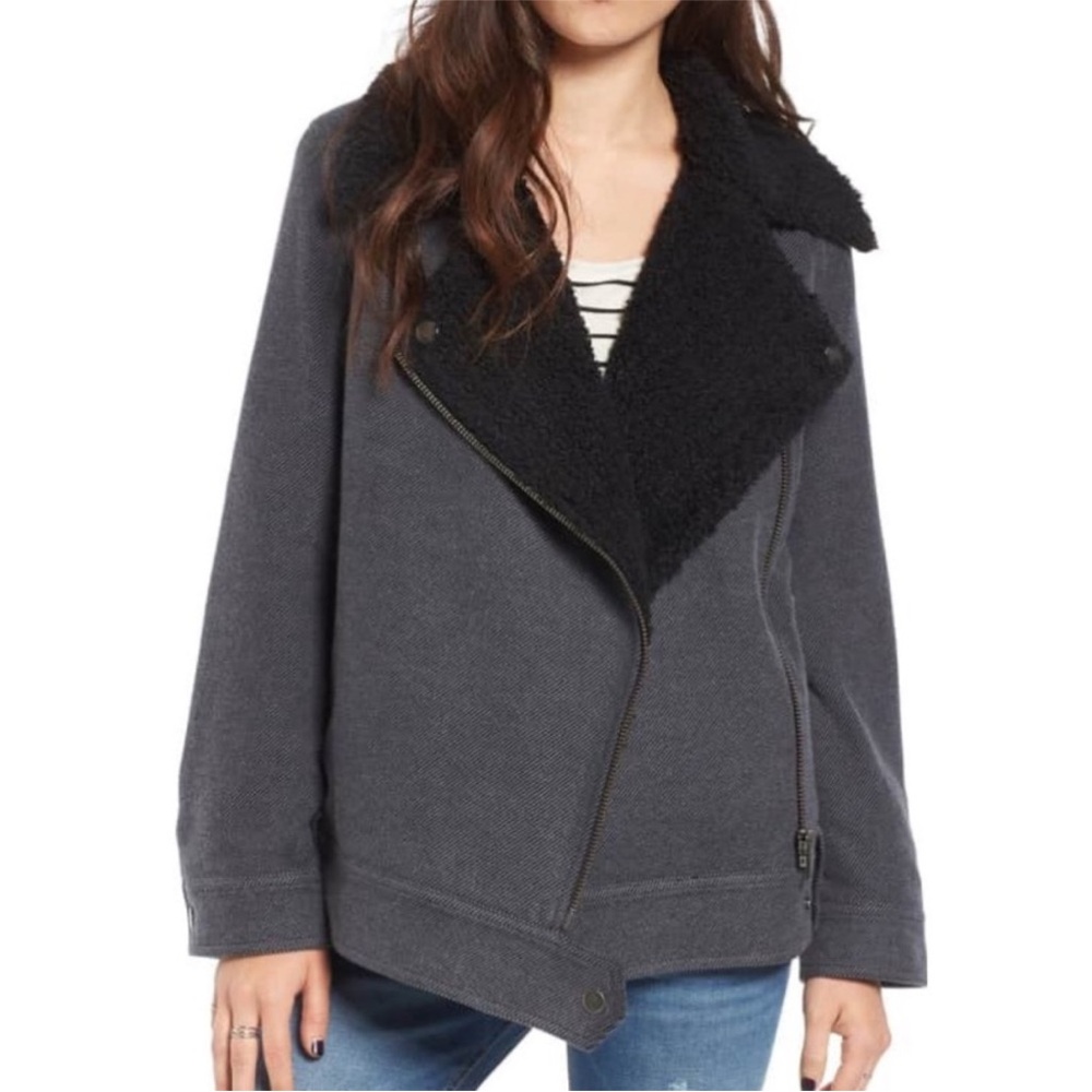 BP Nordstrom Oversized Faux Shearling Lined Moto Jacket Grey Moto Cross Dye L